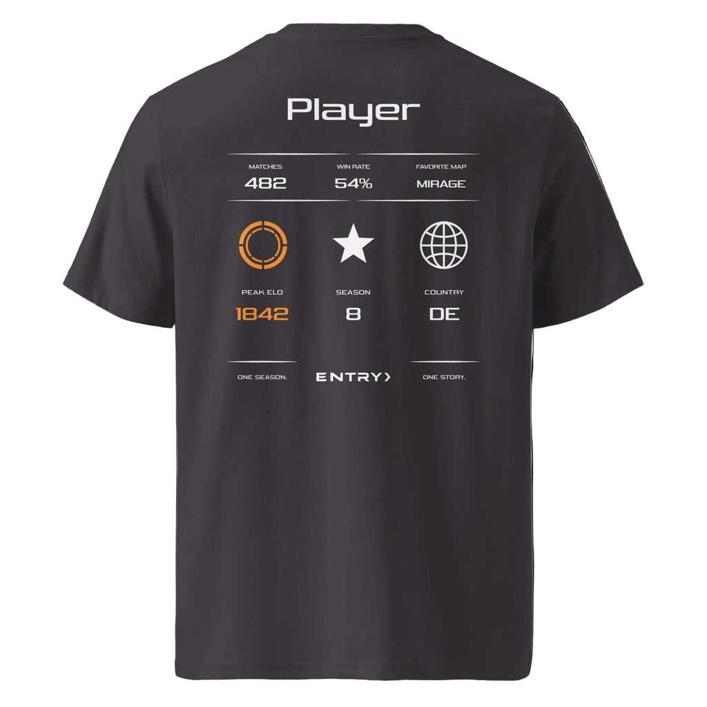 Back view of the ENTRY personalized Counter-Strike 2 FACEIT shirt in dark grey with custom player name, FACEIT level, Elo rating and country flag.