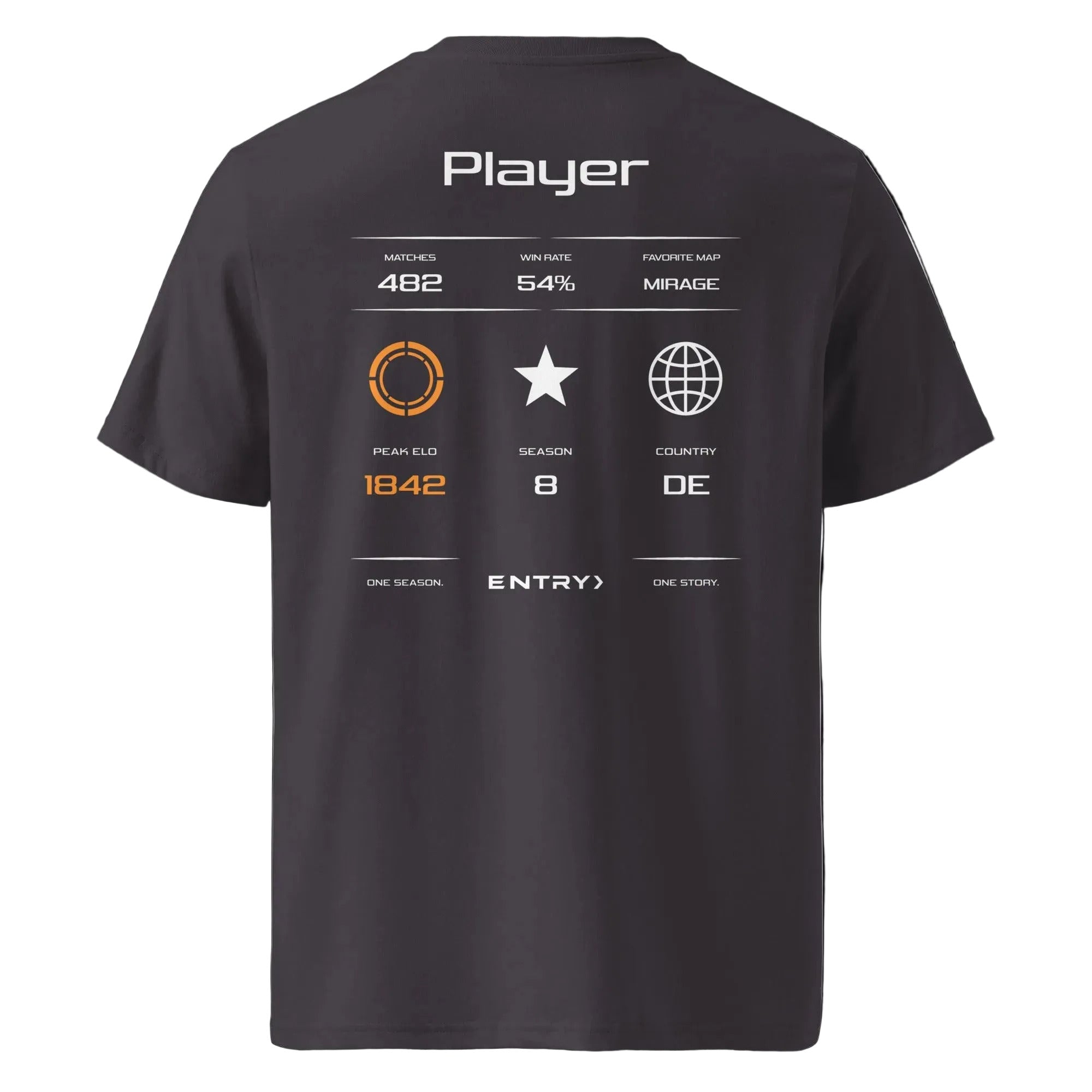 Back view of the ENTRY personalized Counter-Strike 2 FACEIT shirt in dark grey with custom player name, FACEIT level, Elo rating and country flag.