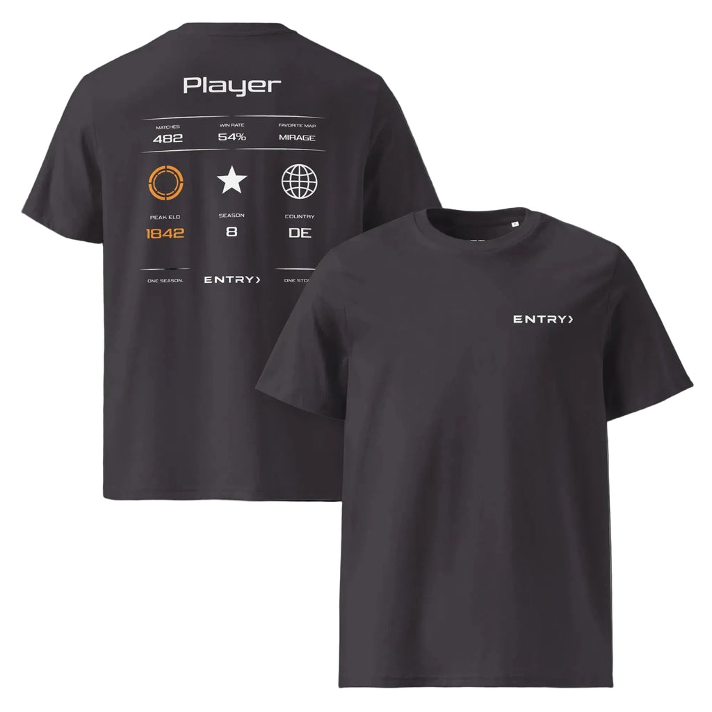 Front and back view of the ENTRY personalized Counter-Strike 2 FACEIT shirt in dark grey.