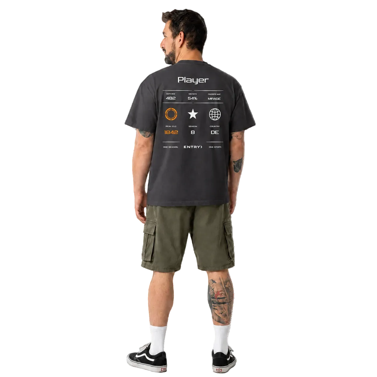 Back view of the ENTRY personalized Counter-Strike 2 FACEIT shirt in dark grey with custom player name, FACEIT level, Elo rating and country flag.