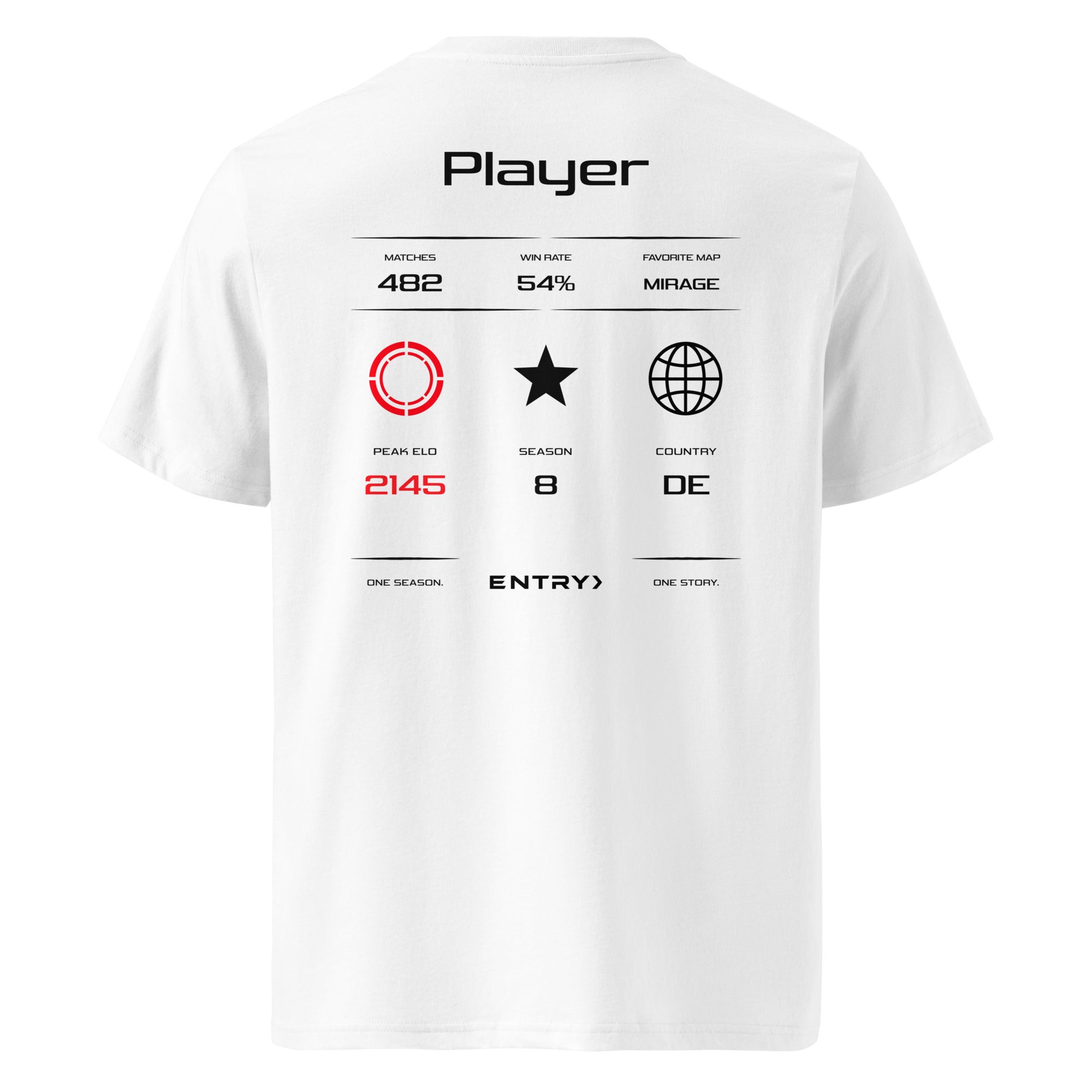 Back view of the ENTRY personalized Counter-Strike 2 FACEIT shirt in white with custom player name, FACEIT level, Elo rating and country flag.