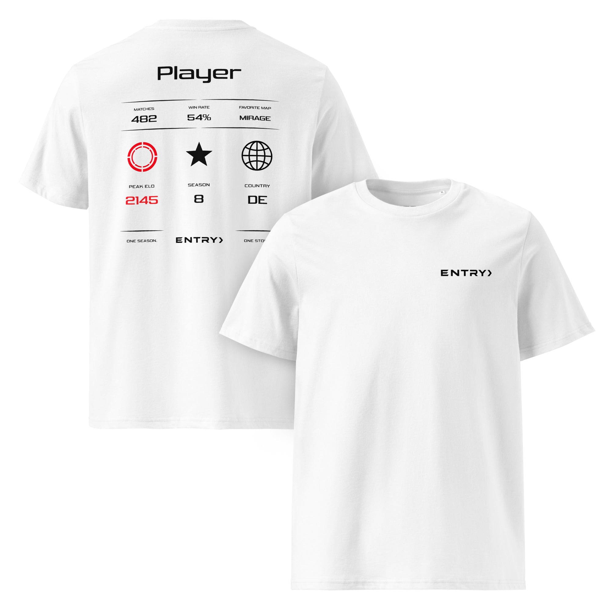 Front and back view of the ENTRY personalized Counter-Strike 2 FACEIT shirt in white.