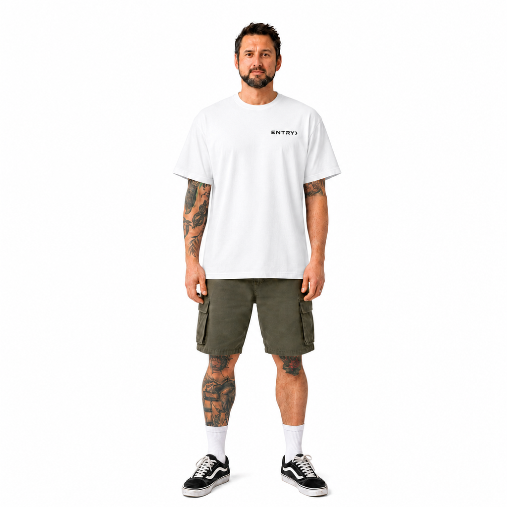 Front view of the ENTRY personalized Counter-Strike 2 FACEIT shirt in white worn by a model.