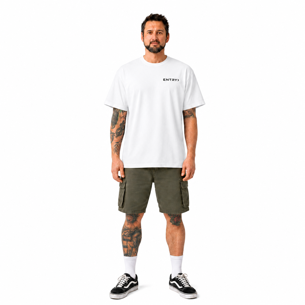 Front view of the ENTRY personalized Counter-Strike 2 FACEIT shirt in white worn by a model.