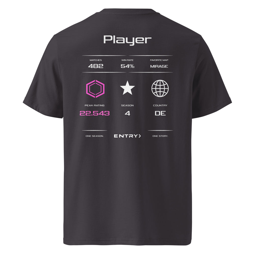 Back view of the ENTRY personalized Counter-Strike 2 Premier shirt in dark grey with custom player name, Premier Rating, Premier rank and country flag.