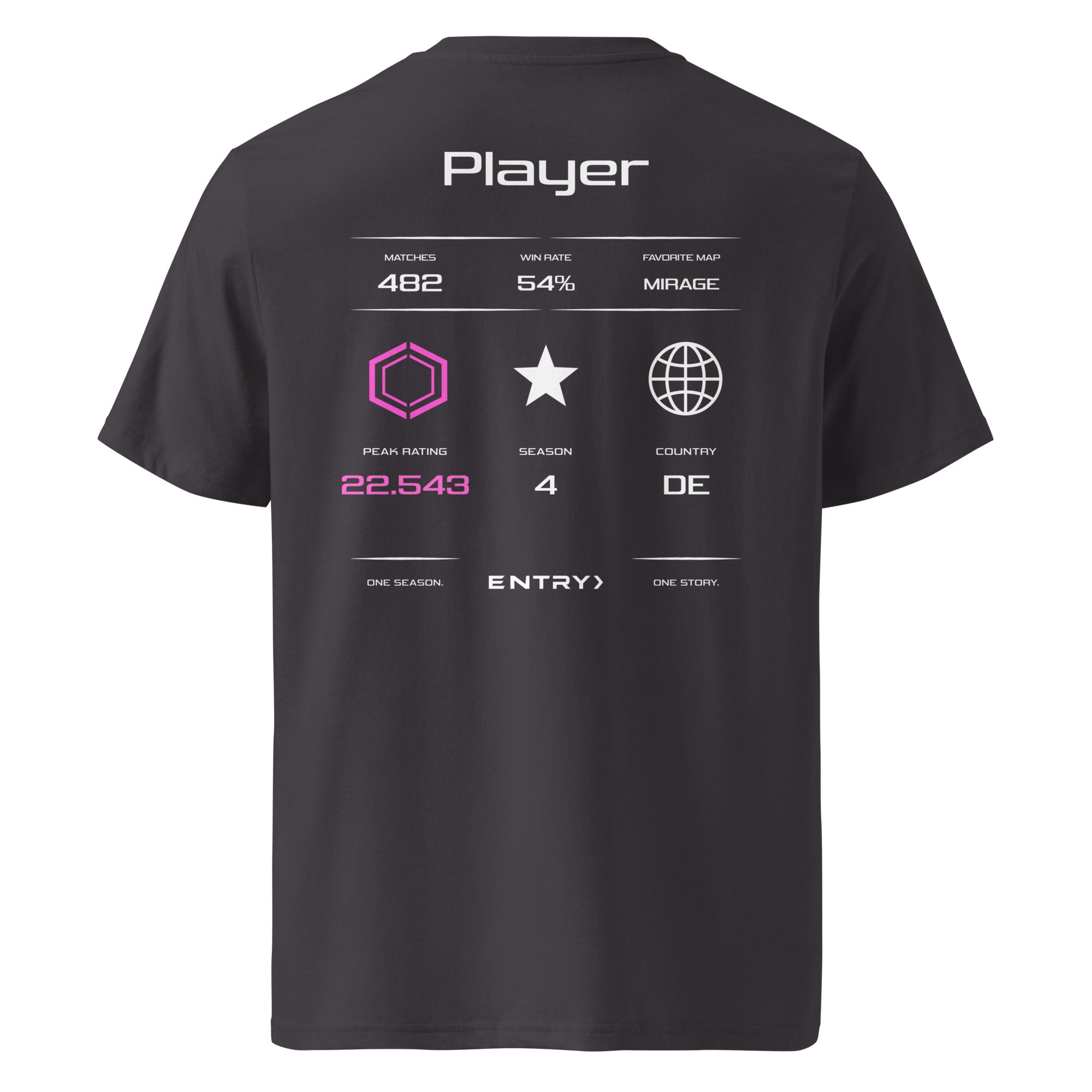 Back view of the ENTRY personalized Counter-Strike 2 Premier shirt in dark grey with custom player name, Premier Rating, Premier rank and country flag.