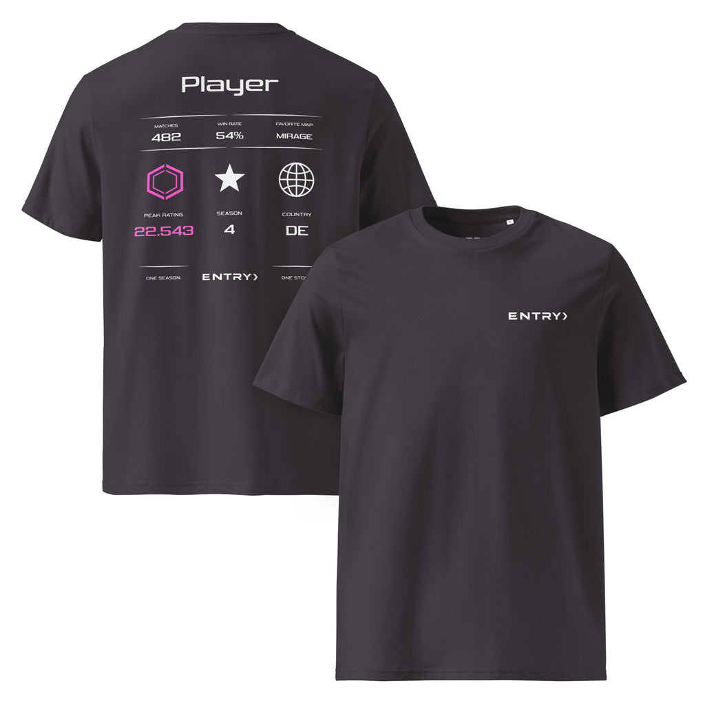 Front and back view of the ENTRY personalized Counter-Strike 2 Premier shirt in dark grey.