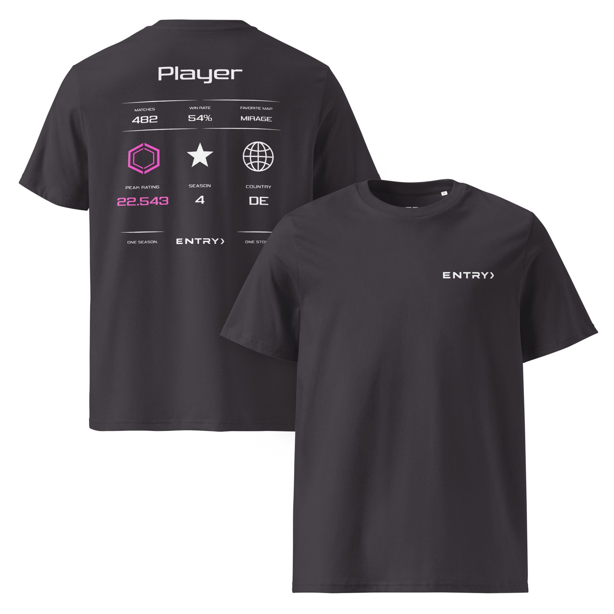 Front and back view of the ENTRY personalized Counter-Strike 2 Premier shirt in dark grey.