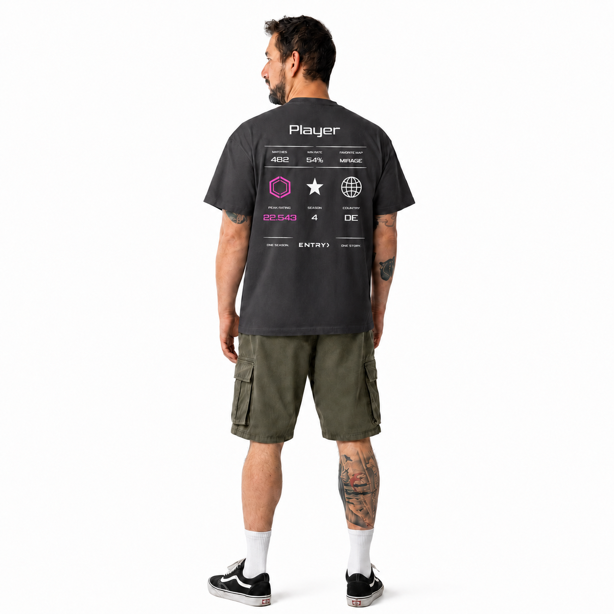 Back view of the ENTRY personalized Counter-Strike 2 Premier shirt in dark grey with custom player name, Premier Rating, Premier rank and country flag.