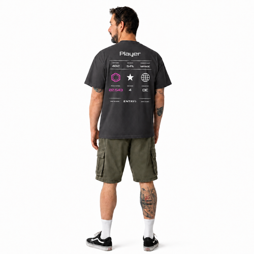 Back view of the ENTRY personalized Counter-Strike 2 Premier shirt in dark grey with custom player name, Premier Rating, Premier rank and country flag.