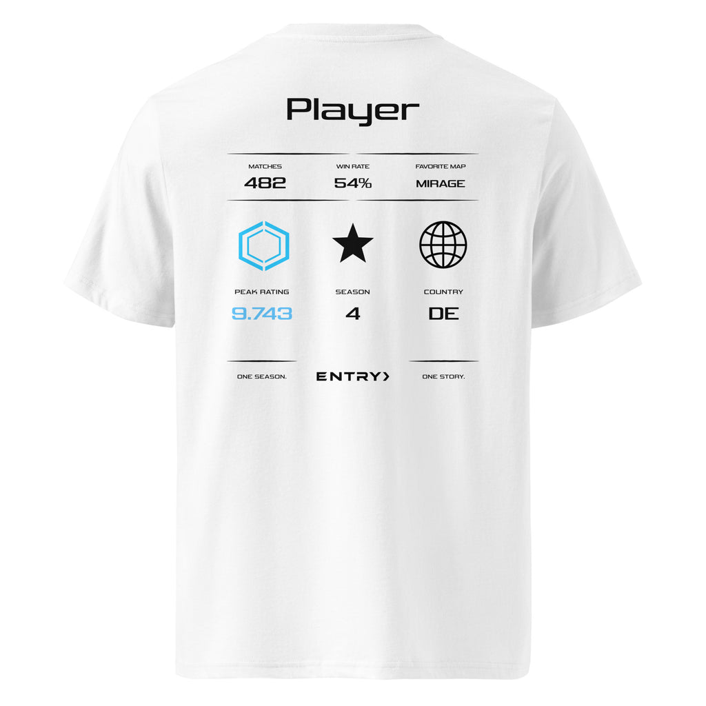 Back view of the ENTRY personalized Counter-Strike 2 Premier shirt in white with custom player name, Premier Rating, Premier rank and country flag.