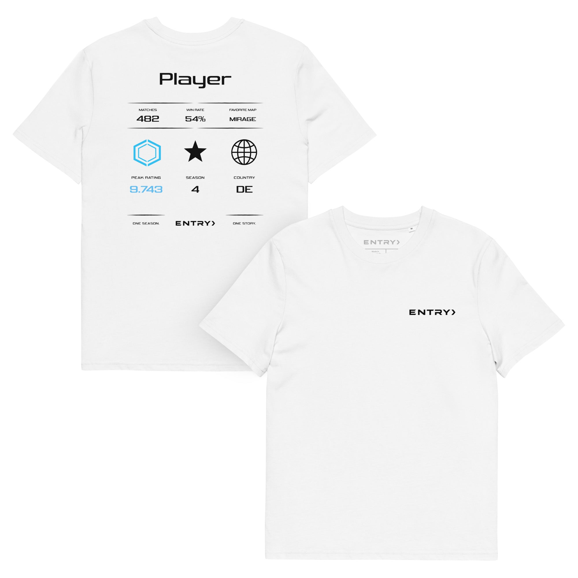 Front and back view of the ENTRY personalized Counter-Strike 2 Premier shirt in white.