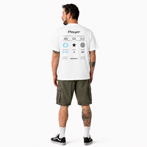 Back view of the ENTRY personalized Counter-Strike 2 Premier shirt in white with custom player name, Premier Rating, Premier rank and country flag.